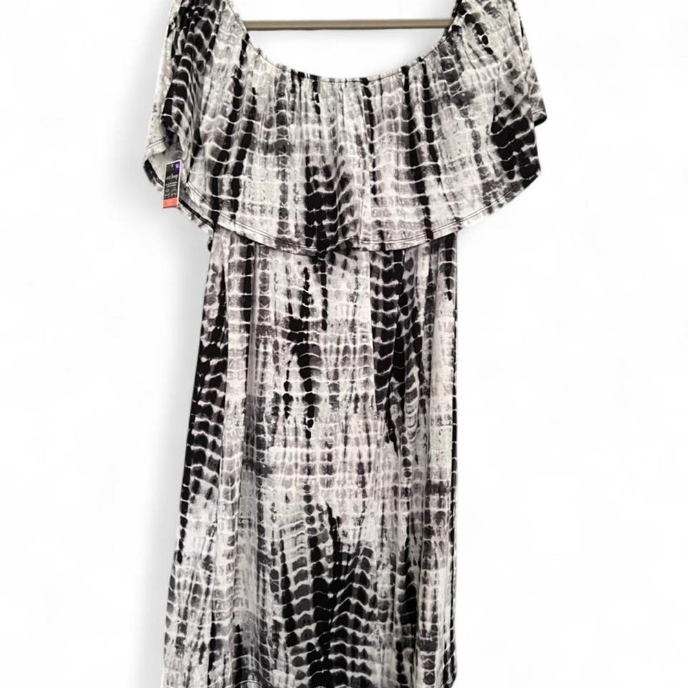 NWT Black & White Tie-Dye Dress Ruffles Off the Shoulder Boho Summer Beachy